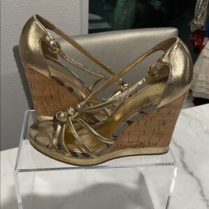 Coach Gold Metallic Cork Wedge Sandals - Strappy Heels